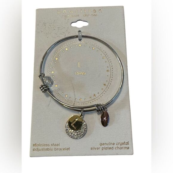 Unwritten Pave and Initial Disc Bangle Bracelet in Stainless Steel Silver Plated - Picture 2 of 3